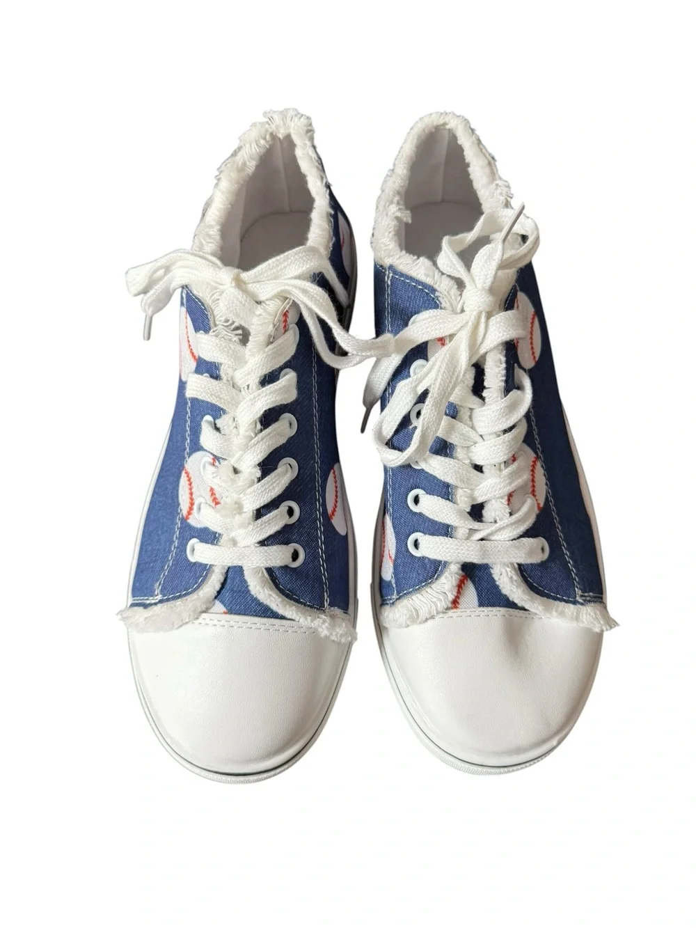 Women’s Canvas Denim Baseball Print Lace Up Sneakers Size 9.5 Blue White NWOT